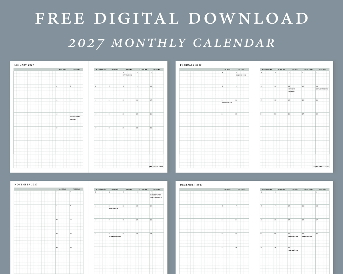 Preview of the free 2027 Monthly Calendar download: two-page monthly spreads for January, February, November and December 2027 with holidays marked
