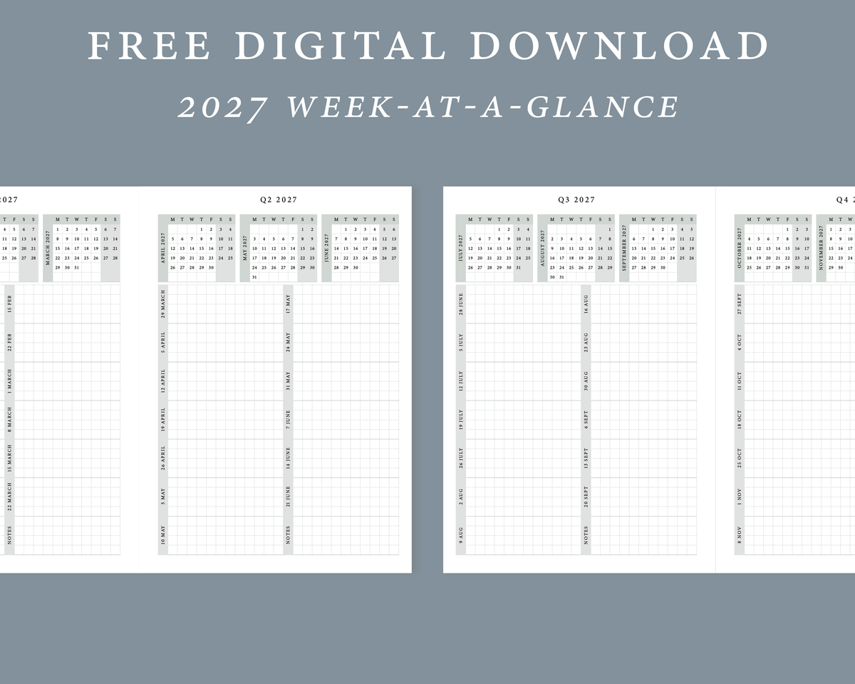 Preview of the free 2027 Week At-A-Glance download: quarterly pages with mini monthly calendars and a row for each week of 2027