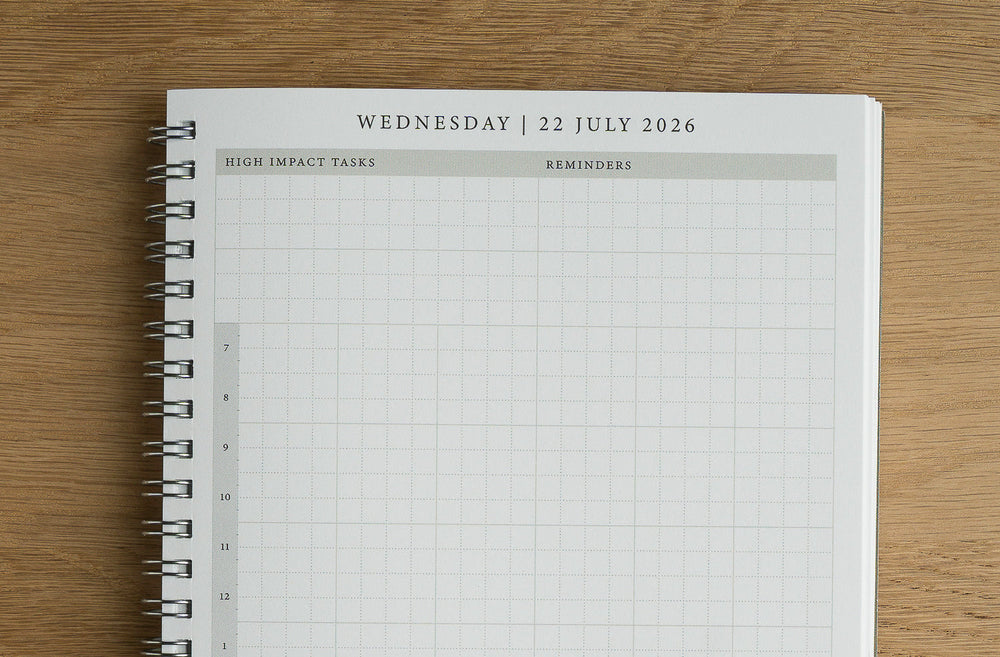A spiral-bound planner page from a weekly grid planner, showing Wednesday, 22 July 2026, with columns for high impact tasks and reminders, placed on a wooden surface.