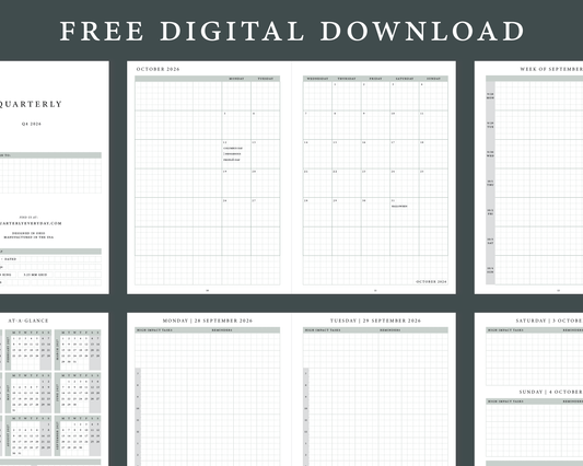 Preview of the free Q4 2026 Daily Planner download: cover page, October 2026 monthly spread, weekly page, year at a glance and daily pages