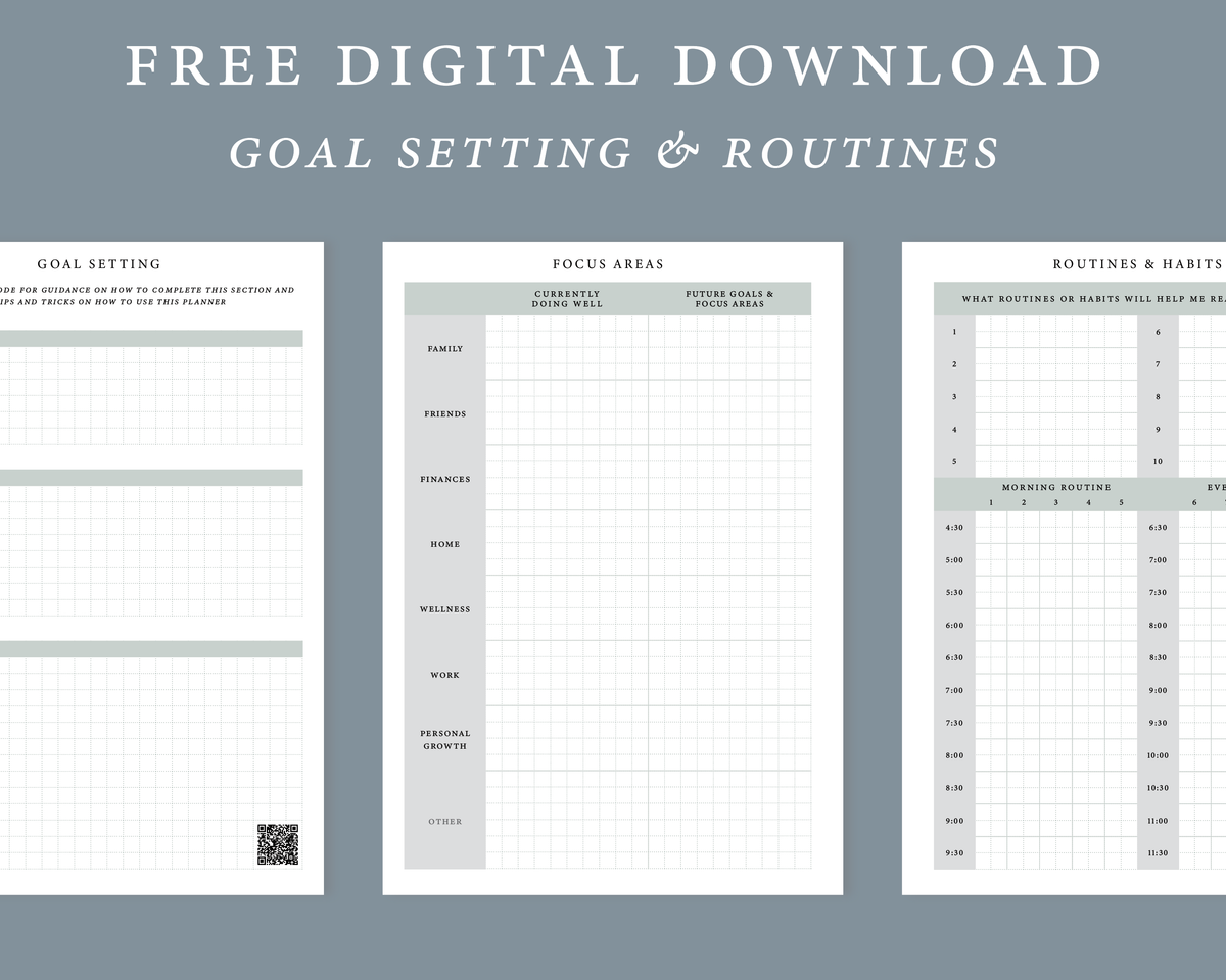 Preview of the free Goal Setting & Routines download: goal setting, focus areas, and routines and habits pages