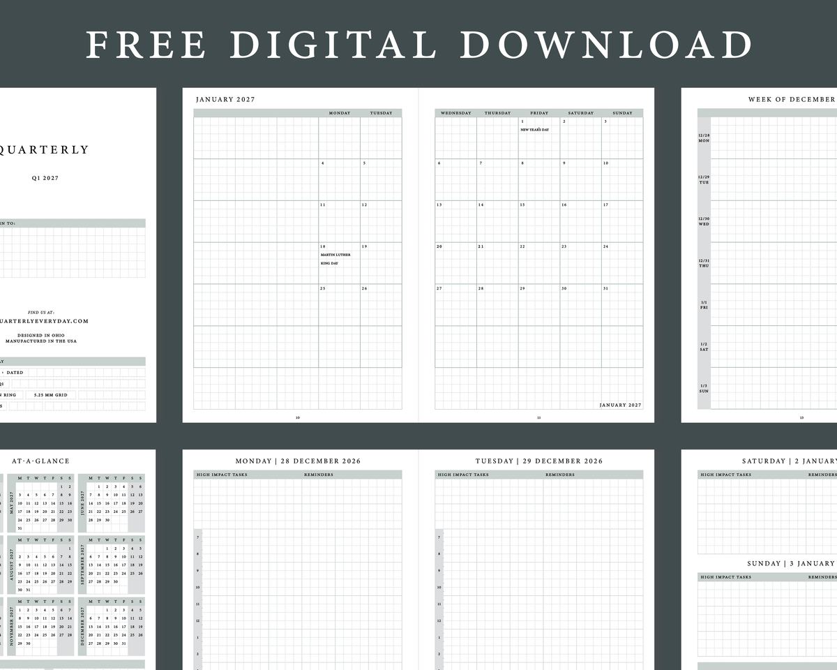 Preview of the free Q1 2027 Daily Planner download: cover page, January 2027 monthly spread, weekly page, year at a glance and daily pages