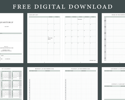 Preview of the free Q1 2027 Daily Planner download: cover page, January 2027 monthly spread, weekly page, year at a glance and daily pages